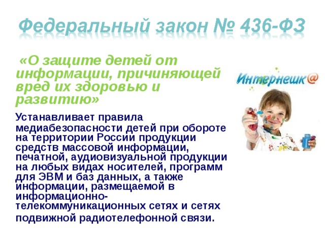  «О защите детей от информации, причиняющей вред их здоровью и развитию»   Устанавливает правила медиабезопасности детей при обороте на территории России продукции средств массовой информации, печатной, аудиовизуальной продукции на любых видах носителей, программ для ЭВМ и баз данных, а также информации, размещаемой в информационно-телекоммуникационных сетях и сетях подвижной радиотелефонной связи.   