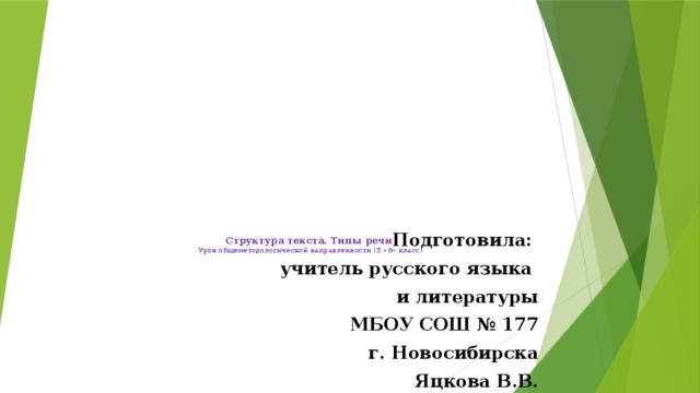   Структура текста. Типы речи  Урок общеметодологической направленности (5 «б» класс)   Подготовила: учитель русского языка и литературы МБОУ СОШ № 177 г. Новосибирска Яцкова В.В. 
