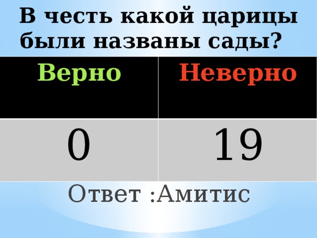В честь какой царицы были названы сады?  Верно  Неверно 0  19 Ответ :Амитис 