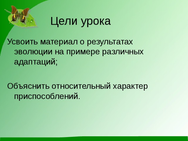 Цели урока Усвоить материал о результатах эволюции на примере различных адаптаций; Объяснить относительный характер приспособлений.