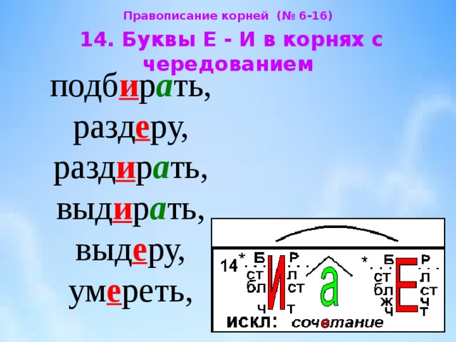 Правописание корней (№ 6-16)  14. Буквы Е - И в корнях с чередованием  подб и р а ть,  разд е ру,  разд и р а ть,  выд и р а ть,  выд е ру,  ум е реть, 