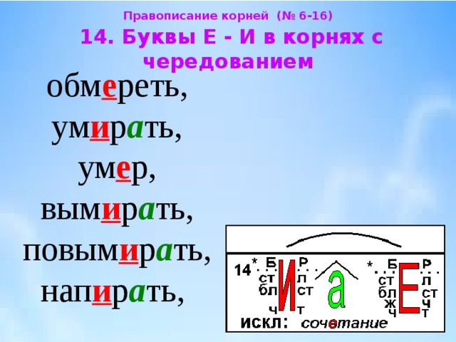 Правописание корней (№ 6-16)  14. Буквы Е - И в корнях с чередованием  обм е реть, ум и р а ть, ум е р, вым и р а ть, повым и р а ть, нап и р а ть, 