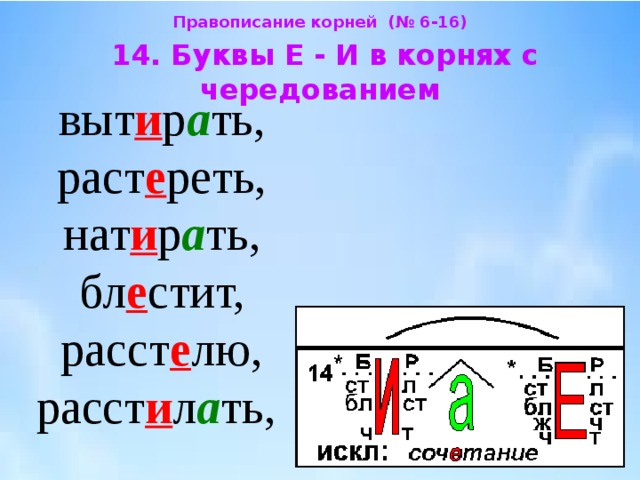 Правописание корней (№ 6-16)  14. Буквы Е - И в корнях с чередованием  выт и р а ть, раст е реть, нат и р а ть, бл е стит, расст е лю, расст и л а ть, 