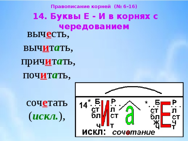 Правописание корней (№ 6-16)  14. Буквы Е - И в корнях с чередованием  выч е сть, выч и т а ть, прич и т а ть, поч и т а ть,   соч е тать  ( искл. ), 