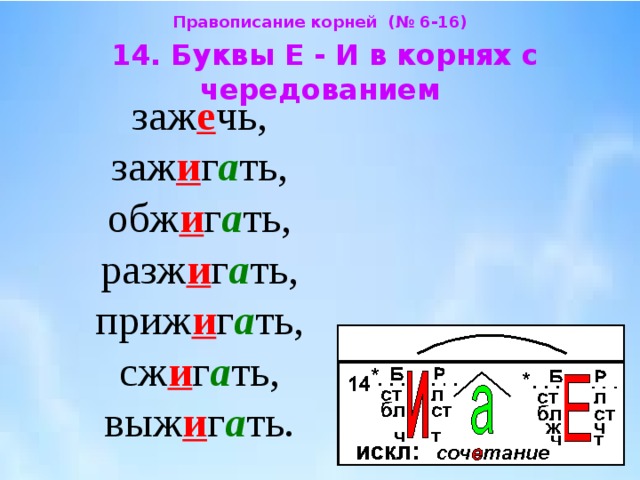 Правописание корней (№ 6-16)  14. Буквы Е - И в корнях с чередованием  заж е чь,  заж и г а ть,  обж и г а ть,  разж и г а ть, приж и г а ть,  сж и г а ть,  выж и г а ть. 