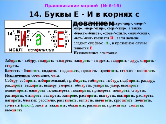 Правописание корней (№ 6-16)  14. Буквы Е - И в корнях с чередованием  В корнях -бер-/-бир-, -дер-/-дир-, -мер-/-мир-, -пер-/-пир-, -тер-/-тир- , а также -блест-/-блист-, -стел-/-стил-, -жеч-/-жиг-, -чет-/-чит- пишется И  , если дальше следует суффикс - А -, в противном случае пишется Е  .  Исключение: соч е тание. Заб и р а ть - заб е ру, зам и р а ть -зам е реть, зап и р а ть - зап е реть, зад и р а ть - д е ру, ст и р а ть - ст е реть. Бл е стеть - бл и ст а ть, подж е чь - подж и г а ть, проч е сть- проч и т а ть, ст е лить - пост и л а ть.  Исключения: соч е тание, ч е та. Соб е ру, соб и р а ть, изб и р а тельный, приб и р а ть, изб и р а ть, изб е ру, подб и р а ть, разд е ру, разд и р а ть, выд и р а ть, выд е ру, ум е реть, обм е реть, ум и р а ть, ум е р, вым и р а ть, повым и р а ть, нап и р а ть, поднап е реть, подп и р а ть, прип е реть, поп и р а ть, сп е реть, расп и р а ть, отп и р а ть, вып е реть, зат и р а ю, раст и р а ть, выт е реть, выт и р а ть, раст е реть, нат и р а ть, бл е стит, расст е лю, расст и л а ть, выч е сть, выч и т а ть, прич и т а ть, поч и т а ть, соч е тать ( искл. ), заж е чь, заж и г а ть, обж и г а ть, разж и г а ть, приж и г а ть, сж и г а ть, выж и г а ть. 