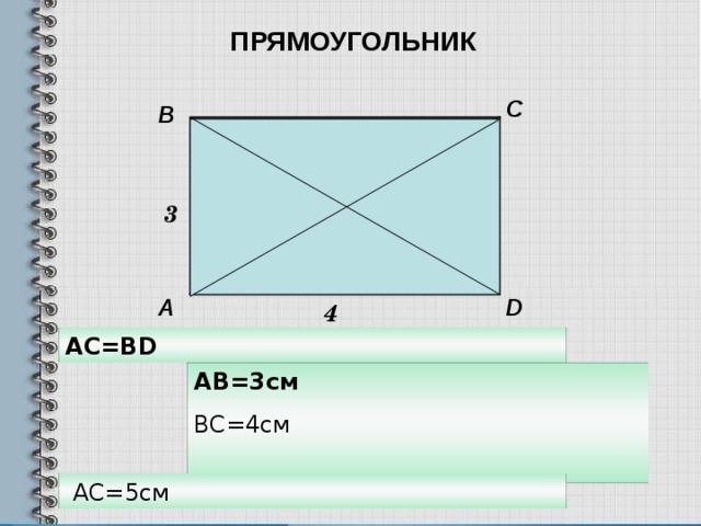 ПРЯМОУГОЛЬНИК C B 3 A D 4 AC=BD AB=3 см BC=4 см  AC=5 см 