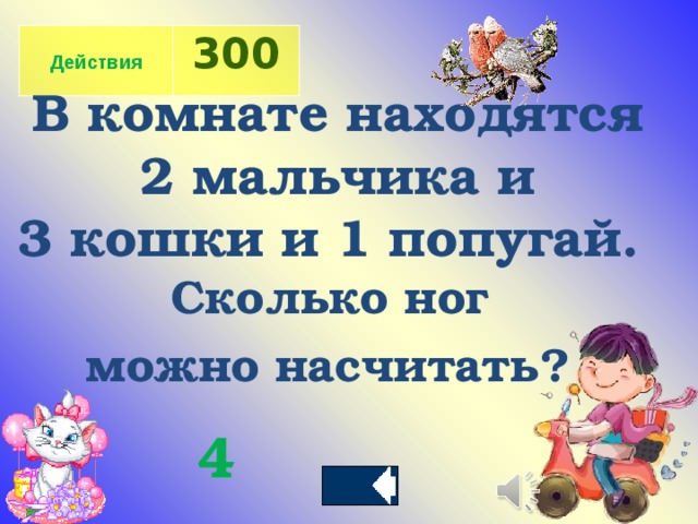  Действия 300 В комнате находятся  2 мальчика и 3 кошки и 1 попугай. Сколько ног можно насчитать?  4 