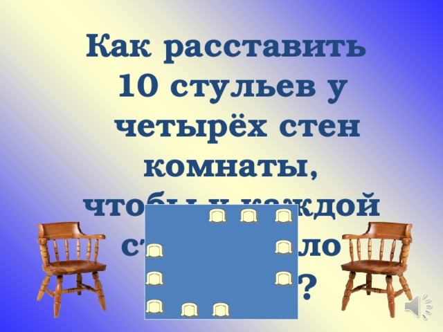 Как расставить 10 стульев у  четырёх стен комнаты,  чтобы у каждой стены было поровну ?  