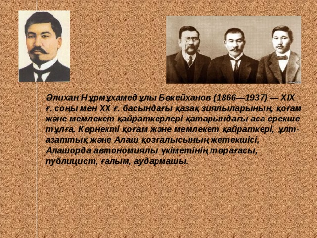Әлихан Нұрмұхамедұлы Бөкейханов (1866—1937) — XIX ғ. соңы мен XX ғ. басындағы қазақ зиялыларының, қоғам және мемлекет қайраткерлері қатарындағы аса ерекше тұлға. Көрнекті қоғам және мемлекет қайраткері, ұлт-азаттық және Алаш қозғалысының жетекшісі, Алашорда автономиялы үкіметінің төрағасы, публицист, ғалым, аудармашы. 