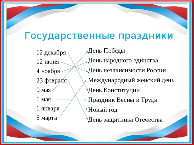 Государственные праздники День Победы День народного единства День независимости России Международный женский день День Конституции Праздник Весны и Труда Новый год День защитника Отечества 12 декабря 12 июня 4 ноября 23 февраля 9 мая 1 мая 1 января 8 марта 
