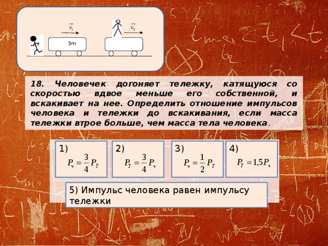 3m 18. Человечек догоняет тележку, катящуюся со скоростью вдвое меньше его собственной, и вскакивает на нее. Определить отношение импульсов человека и тележки до вскакивания, если масса тележки втрое больше, чем масса тела человека .        3) 1) 4) 2) 5) Импульс человека равен импульсу тележки 