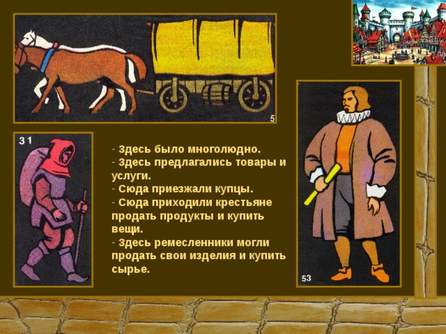  Здесь было многолюдно.  Здесь предлагались товары и услуги.  Сюда приезжали купцы.  Сюда приходили крестьяне продать продукты и купить вещи.  Здесь ремесленники могли продать свои изделия и купить сырье. 