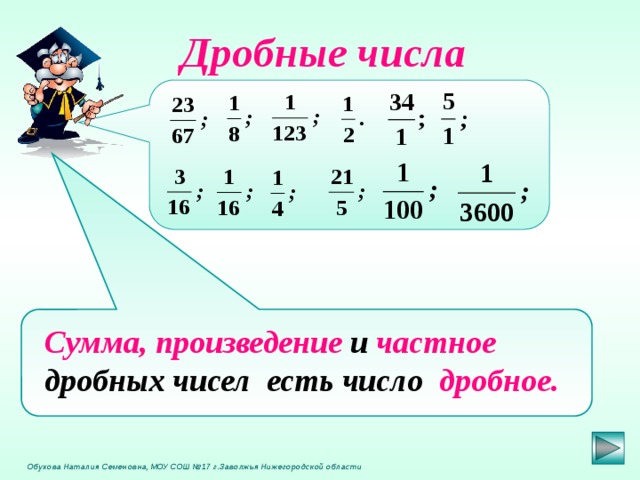  Дробные числа Сумма,  произведение  и  частное дробных чисел есть число  дробное.  Обухова Наталия Семеновна, МОУ СОШ №17 г.Заволжья Нижегородской области 