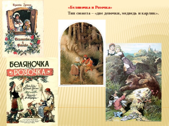 «Беляночка и Розочка» Тип сюжета – «две девочки, медведь и карлик». 