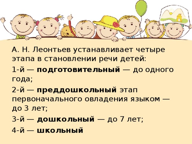 А. Н. Леонтьев устанавливает четыре этапа в становлении речи детей: 1-й — подготовительный — до одного года; 2-й — преддошкольный этап первоначального овладения языком — до 3 лет; 3-й — дошкольный — до 7 лет; 4-й — школьный      