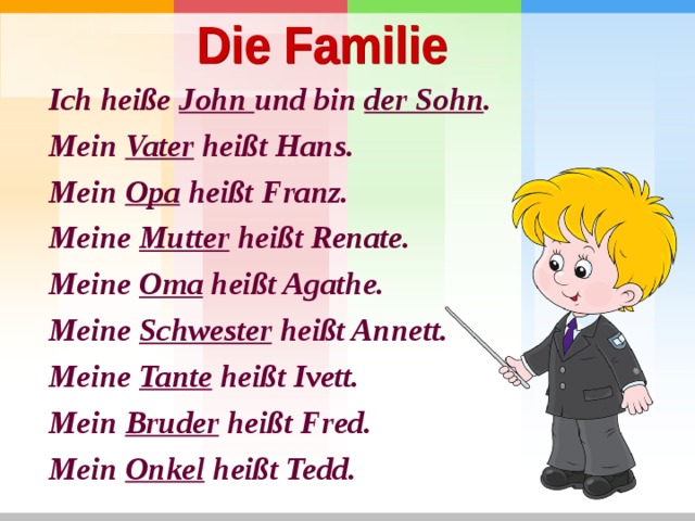 Ich heiße John und bin der Sohn . Mein Vater heißt Hans. Mein Opa heißt Franz. Meine Mutter heißt Renate. Meine Oma heißt Agathe. Meine Schwester heißt Annett. Meine Tante heißt Ivett. Mein Bruder heißt Fred. Mein Onkel heißt Tedd. 