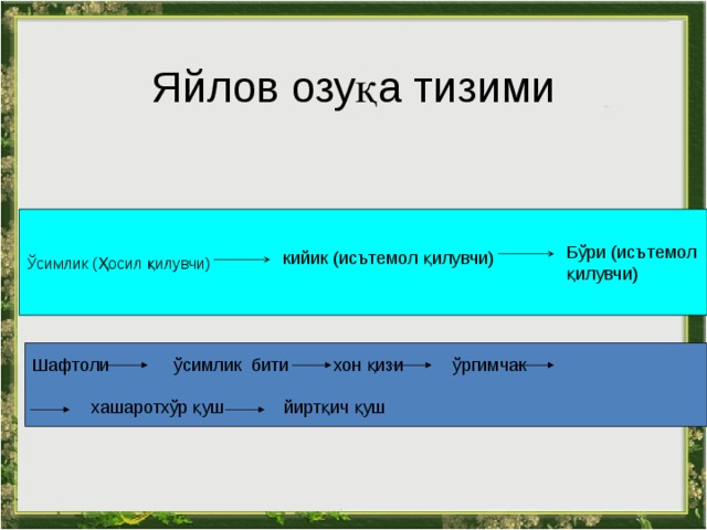 Яйлов озуқа тизими Ўсимлик (Ҳосил қилувчи) Бўри (исътемол қилувчи) кийик (исътемол қилувчи) Шафтоли  ўсимлик бити хон қизи ўргимчак  хашаротхўр қуш йиртқич қуш 
