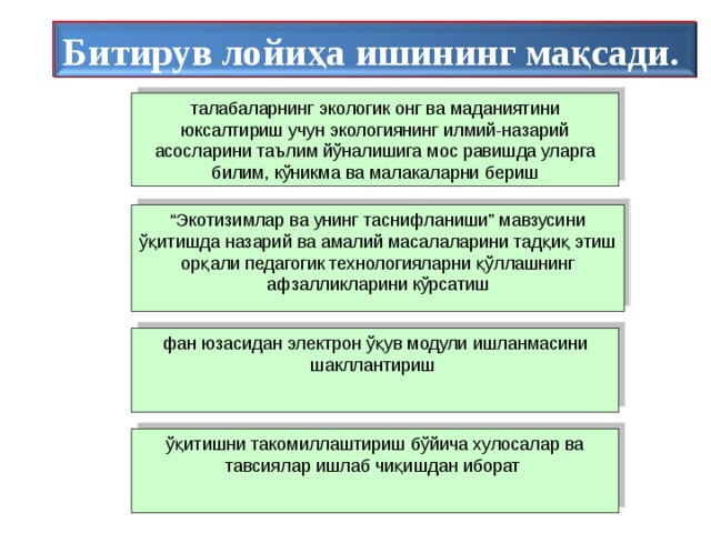 Битирув лойиҳа ишининг мақсади. Битирув лойиҳа ишининг мақсади. талабаларнинг экологик онг ва маданиятини юксалтириш учун экологиянинг илмий-назарий асосларини таълим йўналишига мос равишда уларга билим, кўникма ва малакаларни бериш “ Экотизимлар ва унинг таснифланиши” мавзусини ўқитиш да назарий ва амалий масалаларини тадқиқ этиш ор қ али педагогик технологияларни қў ллашнинг афзалликларини кўрсатиш ,  фан юзасидан электрон ўқув модули ишланмасини шакллантириш  ўқитишни такомиллаштириш бўйича хулосалар ва тавсиялар ишлаб чиқишдан иборат  