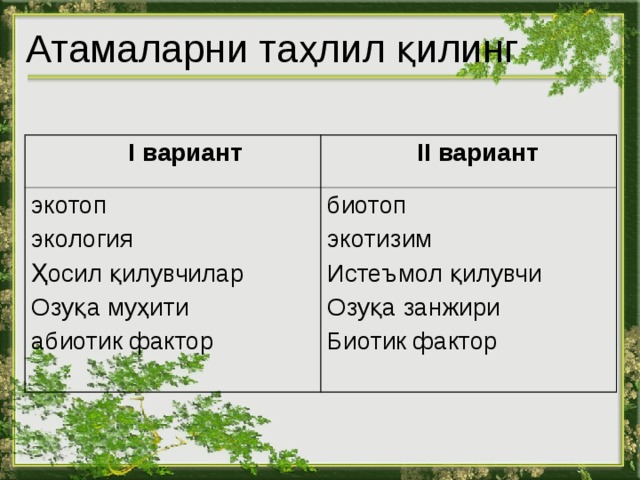 Атамаларни таҳлил қилинг   I вариант  II вариант экотоп экология Ҳосил қилувчилар Озуқа муҳити абиотик фактор биотоп эко тизим Истеъмол қилувчи Озуқа занжири Биотик  фактор 