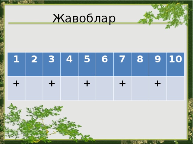 Жавоблар    1 + 2 3 4 + 5 6 + 7 8 + 9 10 + 