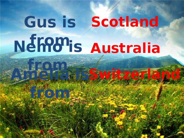 Gus is from Scotland Nemo is from Australia Amelia is from Switzerland 