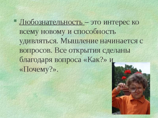 Любознательность – это интерес ко всему новому и способность удивляться. Мышление начинается с вопросов. Все открытия сделаны благодаря вопроса «Как?» и «Почему?». 