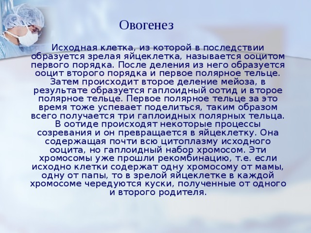 Овогенез   Исходная клетка, из которой в последствии образуется зрелая яйцеклетка, называется ооцитом первого порядка. После деления из него образуется ооцит второго порядка и первое полярное тельце. Затем происходит второе деление мейоза, в результате образуется гаплоидный оотид и второе полярное тельце. Первое полярное тельце за это время тоже успевает поделиться, таким образом всего получается три гаплоидных полярных тельца. В оотиде происходят некоторые процессы созревания и он превращается в яйцеклетку. Она содержащая почти всю цитоплазму исходного ооцита, но гаплоидный набор хромосом. Эти хромосомы уже прошли рекомбинацию, т.е. если исходно клетки содержат одну хромосому от мамы, одну от папы, то в зрелой яйцеклетке в каждой хромосоме чередуются куски, полученные от одного и второго родителя. 