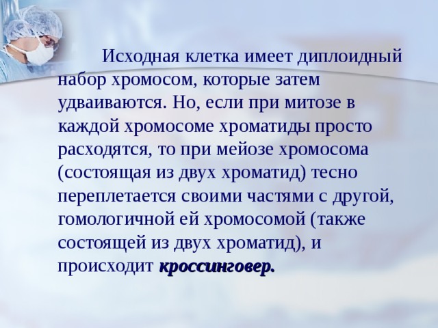  Исходная клетка имеет диплоидный набор хромосом, которые затем удваиваются. Но, если при митозе в каждой хромосоме хроматиды просто расходятся, то при мейозе хромосома (состоящая из двух хроматид) тесно  переплетается своими частями с другой, гомологичной ей хромосомой (также состоящей из двух хроматид), и происходит  кроссинговер. 