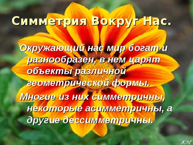 Симметрия Вокруг Нас. Окружающий нас мир богат и разнообразен, в нем царят объекты различной геометрической формы. Многие из них симметричны, некоторые асимметричны, а другие дессимметричны. 