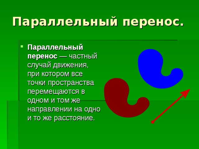 Параллельный перенос. Параллельный перенос ― частный случай движения, при котором все точки пространства перемещаются в одном и том же направлении на одно и то же расстояние.  