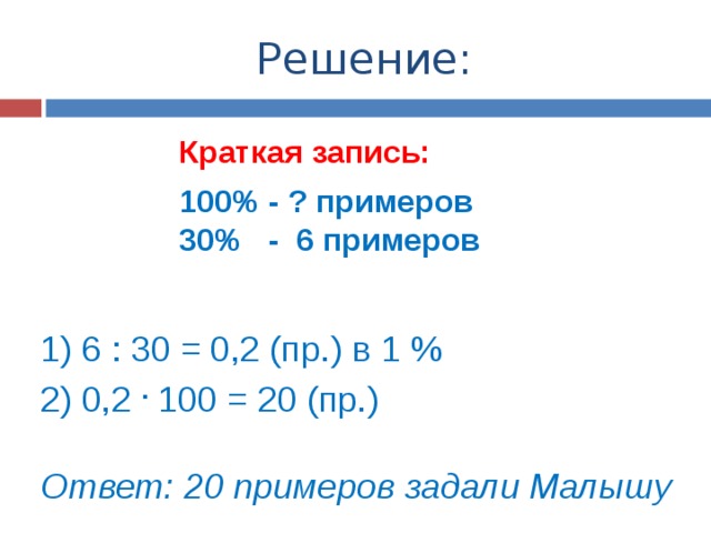 Решение: Краткая запись:  100% - ? примеров 30% - 6 примеров 1) 6 : 30 = 0,2 (пр.) в 1 % 2) 0,2 . 100 = 20 (пр.) Ответ: 20 примеров задали Малышу 