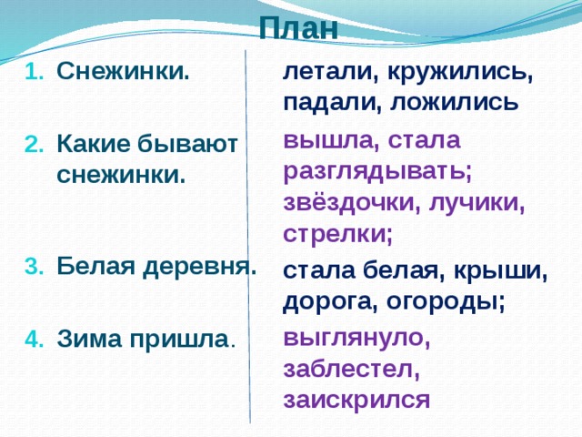 План летали, кружились, падали, ложились Снежинки.  вышла, стала разглядывать; звёздочки, лучики, стрелки; Какие бывают снежинки. стала белая, крыши, дорога, огороды;  выглянуло, заблестел, заискрился  Белая деревня.  Зима пришла . 