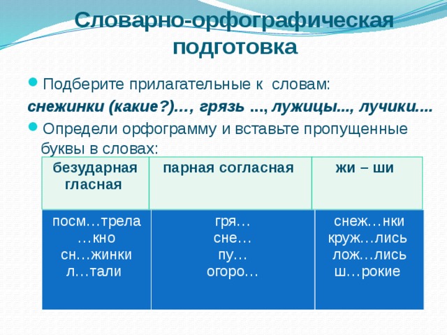 Словарно-орфографическая подготовка Подберите прилагательные к словам: снежинки (какие?)…,  грязь ..., лужицы..., лучики.... Определи орфограмму и вставьте пропущенные буквы в словах: безударная гласная парная согласная жи – ши посм…трела гря… … кно сн…жинки снеж…нки круж…лись сне… л…тали пу… лож…лись огоро… ш…рокие  