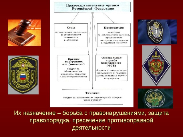               Их назначение – борьба с правонарушениями, защита правопорядка, пресечение противоправной деятельности 
