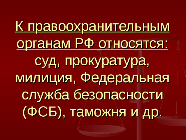 К правоохранительным органам РФ относятся: суд, прокуратура, милиция, Федеральная служба безопасности (ФСБ), таможня и др. 
