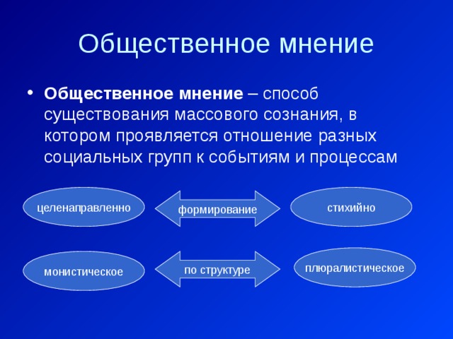 Общественное мнение Общественное мнение – способ существования массового сознания, в котором проявляется отношение разных социальных групп к событиям и процессам целенаправленно стихийно формирование плюралистическое по структуре монистическое 
