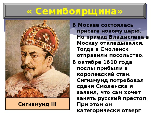 « Семибоярщина» В Москве состоялась присяга новому царю. Но приезд Владислава в Москву откладывался. Тогда в Смоленск отправили посольство. В октябре 1610 года послы прибыли в королевский стан. Сигизмунд потребовал сдачи Смоленска и заявил, что сам хочет занять русский престол. При этом он категорически отверг условие принятия будущим царём православной веры.  Сигизмунд III 