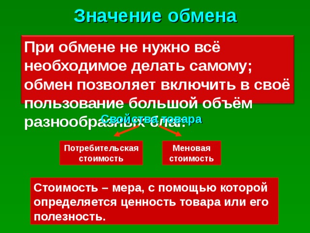 Значение обмена При обмене не нужно всё необходимое делать самому; обмен позволяет включить в своё пользование большой объём разнообразных благ. Свойства товара Потребительская стоимость Меновая стоимость Стоимость – мера, с помощью которой определяется ценность товара или его полезность. 