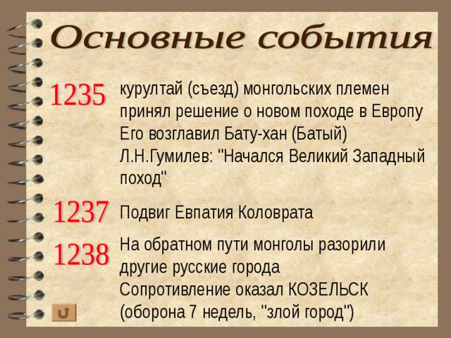 курултай (съезд) монгольских племен принял решение о новом походе в Европу Его возглавил Бату-хан (Батый) Л.Н.Гумилев: 