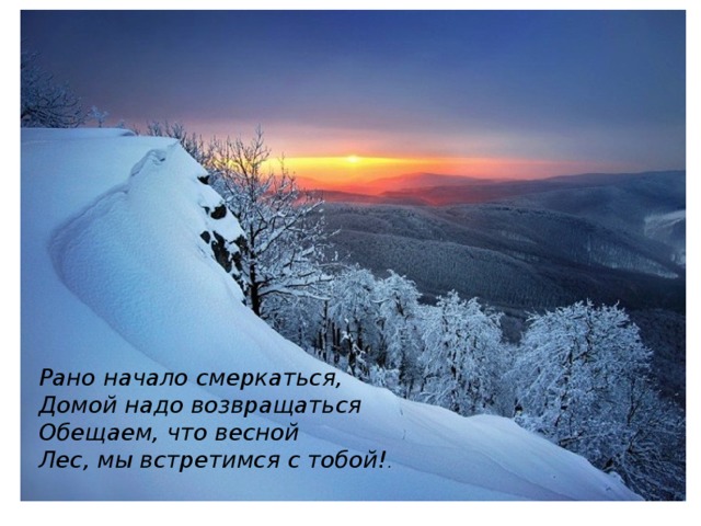 Рано начало смеркаться, Домой надо возвращаться Обещаем, что весной Лес, мы встретимся с тобой! . 