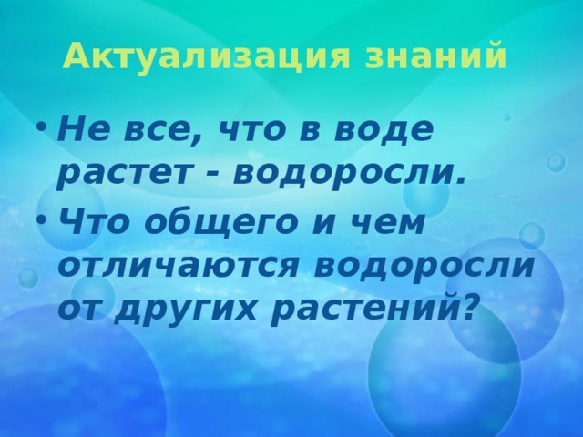 Актуализация знаний Не все, что в воде растет - водоросли. Что общего и чем отличаются водоросли от других растений? 