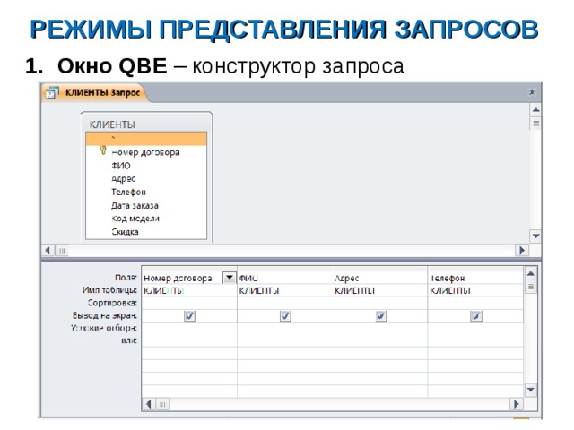 РЕЖИМЫ ПРЕДСТАВЛЕНИЯ ЗАПРОСОВ Окно QBE – конструктор запроса  