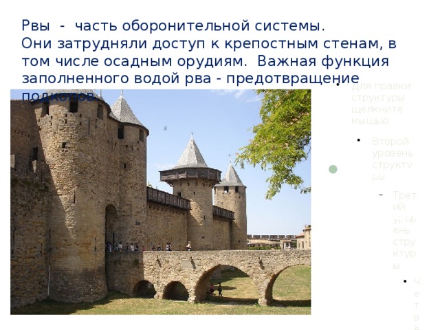 Рвы - часть оборонительной системы.  Они затрудняли доступ к крепостным стенам, в том числе осадным орудиям. Важная функция заполненного водой рва - предотвращение подкопов. Каркасон, Франция 