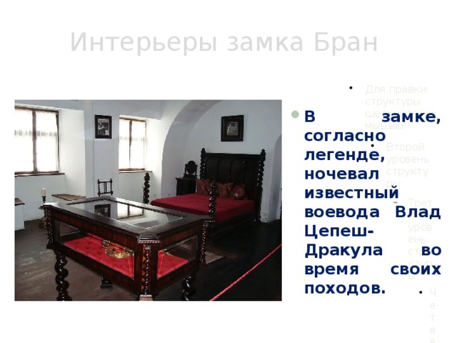 Интерьеры замка Бран В замке, согласно легенде, ночевал известный воевода Влад Цепеш-Дракула во время своих походов.  