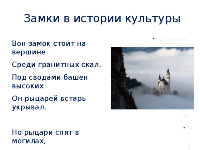 Замки в истории культуры Вон замок стоит на вершине Среди гранитных скал. Под сводами башен высоких Он рыцарей встарь укрывал. Но рыцари спят в могилах, А башни врагом сожжены. Я проникаю свободно В проломы ветхой стены.  И. Гете «Горный замок» 