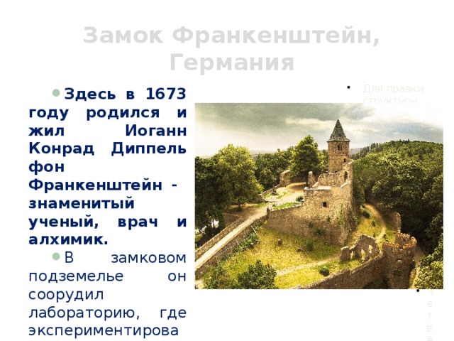 Замок Франкенштейн, Германия Здесь в 1673 году родился и жил Иоганн Конрад Диппель фон Франкенштейн - знаменитый ученый, врач и алхимик. В замковом подземелье он соорудил лабораторию, где экспериментировал, пытаясь найти секрет бессмертия. 