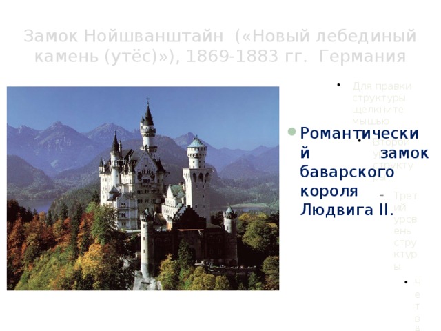 Замок Нойшванштайн («Новый лебединый камень (утёс)»), 1869-1883 гг. Германия   Романтический замок баварского короля Людвига II. 