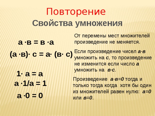 Повторение Свойства умножения От перемены мест множителей произведение не меняется. а ∙в = в ∙а Если произведение чисел а∙в умножить на с , то произведение не изменится если число а умножить на в∙с . (а ∙в)∙ с = а∙ (в∙ с) 1∙ а = а Произведение а∙в=0 тогда и только тогда когда хотя бы один из множителей равен нулю: а=0 или в=0 . а ∙1/а = 1 а ∙0 = 0 