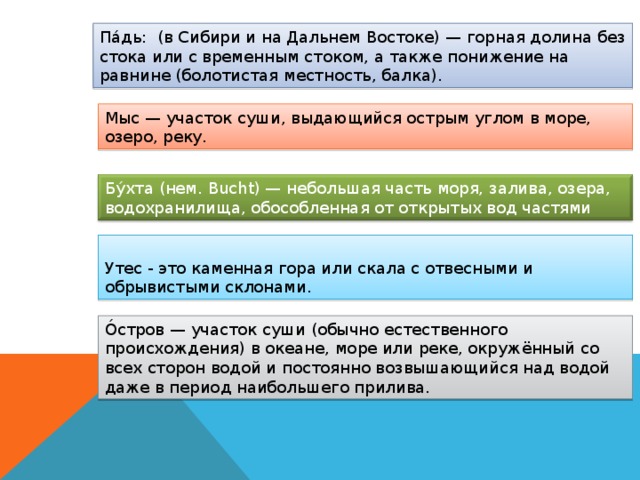 Па́дь: (в Сибири и на Дальнем Востоке) — горная долина без стока или с временным стоком, а также понижение на равнине (болотистая местность, балка). Мыс — участок суши, выдающийся острым углом в море, озеро, реку. Бу́хта (нем. Bucht) — небольшая часть моря, залива, озера, водохранилища, обособленная от открытых вод частями суши... Утес - это каменная гора или скала с отвесными и обрывистыми склонами. О́стров — участок суши (обычно естественного происхождения) в океане, море или реке, окружённый со всех сторон водой и постоянно возвышающийся над водой даже в период наибольшего прилива. 